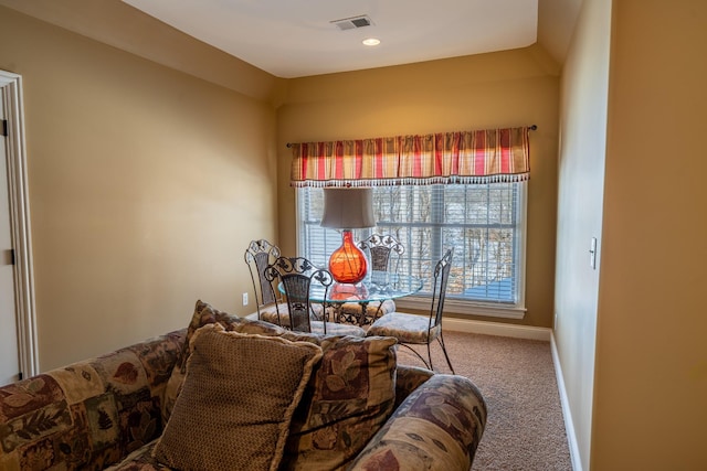 dining room with recessed lighting, carpet, visible vents, and baseboards