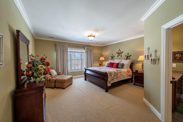 bedroom featuring carpet flooring, visible vents, baseboards, and ornamental molding