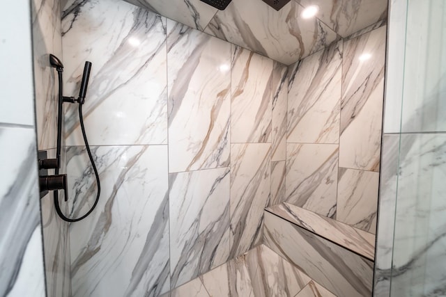 interior details featuring a marble finish shower