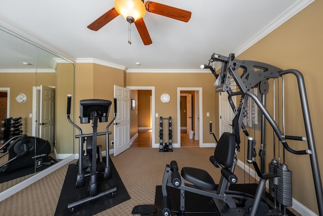 workout room featuring ceiling fan, baseboards, and ornamental molding