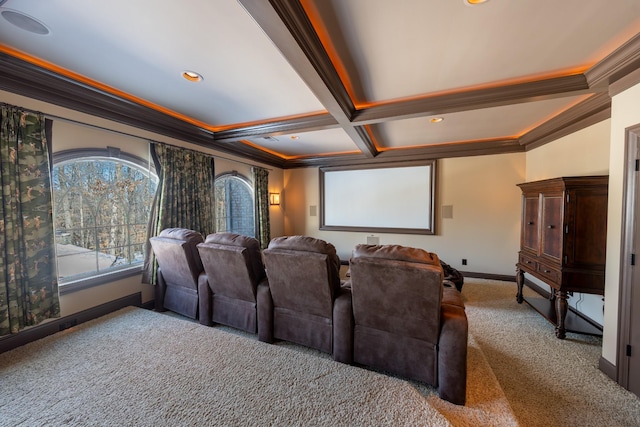 cinema featuring baseboards, beamed ceiling, ornamental molding, carpet floors, and coffered ceiling