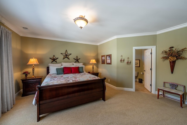 bedroom featuring light carpet, visible vents, baseboards, and ornamental molding