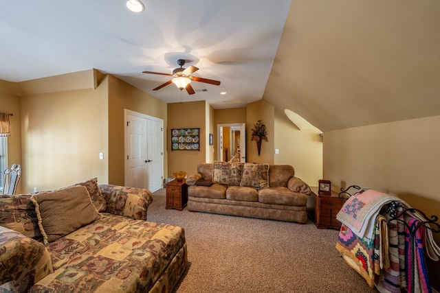 carpeted living area featuring recessed lighting, ceiling fan, and vaulted ceiling