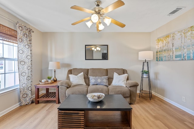 living room featuring plenty of natural light, baseboards, visible vents, and light wood finished floors