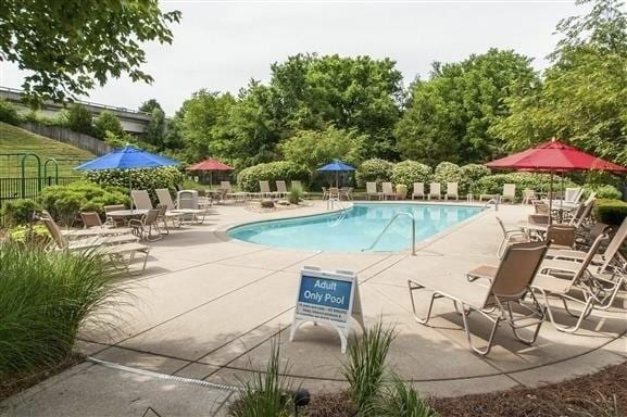 pool with fence and a patio area