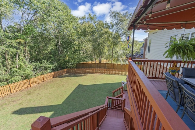 view of yard with a wooden deck and a fenced backyard