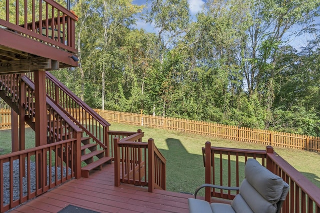 deck with stairway, a yard, and a fenced backyard