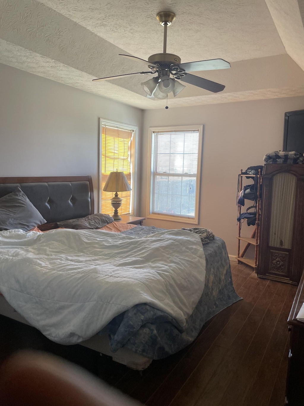 bedroom with a tray ceiling, a textured ceiling, dark wood finished floors, and a ceiling fan