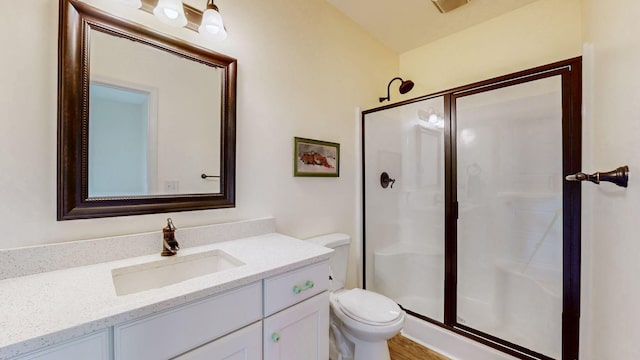 bathroom featuring toilet, a stall shower, and vanity