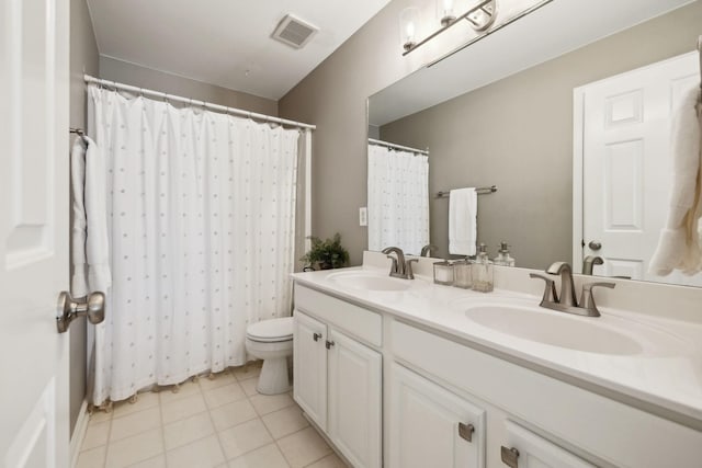 full bath featuring a sink, visible vents, toilet, and double vanity