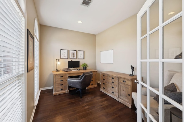 office with baseboards, visible vents, recessed lighting, dark wood-style flooring, and french doors