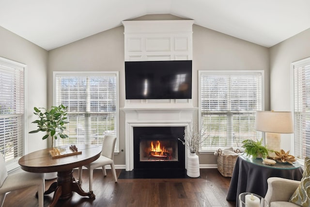 living area with a large fireplace, dark wood-type flooring, and vaulted ceiling