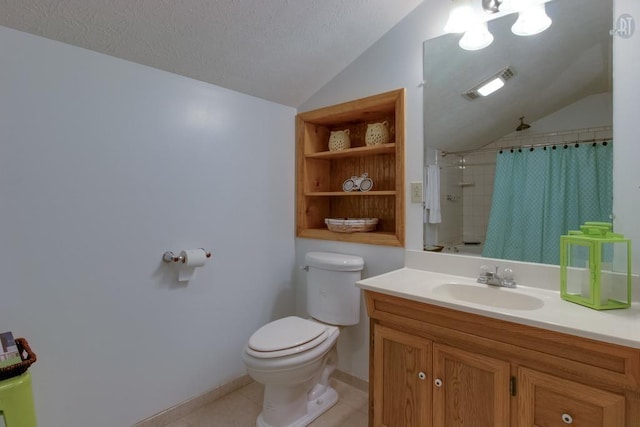 full bathroom featuring tile patterned flooring, curtained shower, toilet, lofted ceiling, and a textured ceiling