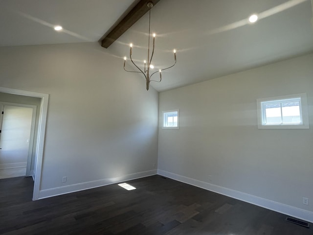 unfurnished dining area featuring visible vents, vaulted ceiling with beams, baseboards, and dark wood-style flooring