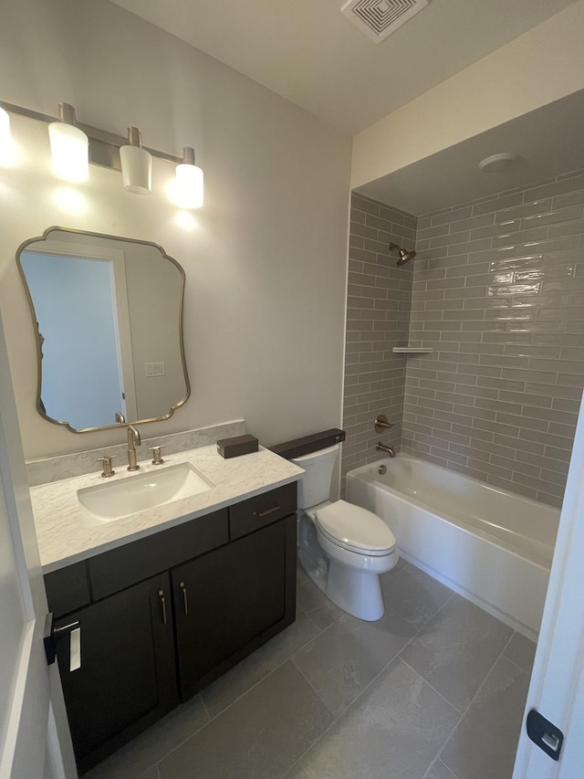 bathroom featuring visible vents, toilet, vanity, and shower / bath combination