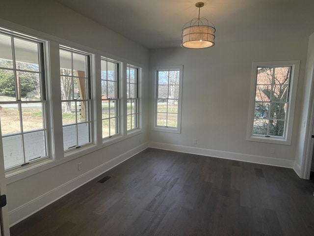 unfurnished dining area with visible vents, baseboards, and dark wood-type flooring