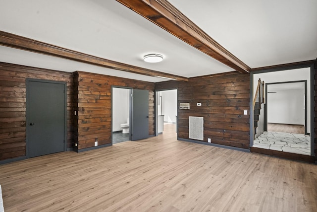 unfurnished room featuring beam ceiling, wood finished floors, stairs, and wood walls