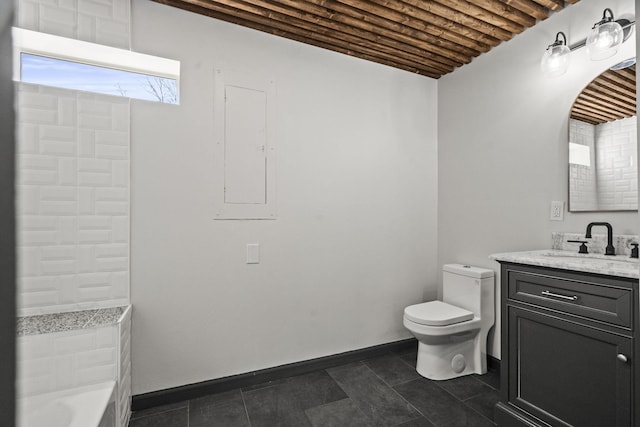 bathroom featuring vanity, baseboards, electric panel, tile patterned floors, and toilet