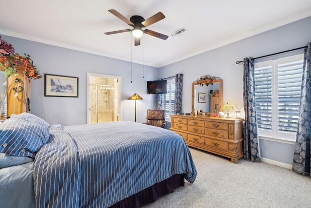 bedroom with visible vents, baseboards, carpet floors, ceiling fan, and crown molding