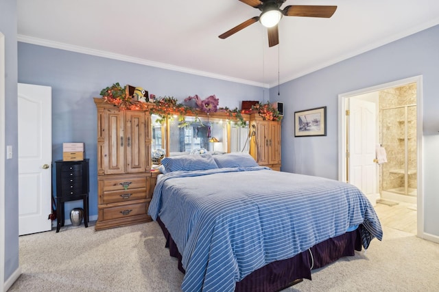 bedroom featuring light colored carpet, ensuite bathroom, and ornamental molding