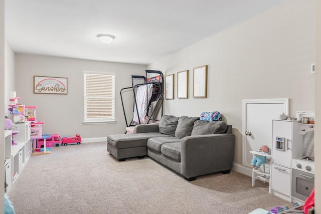 living area with baseboards and carpet floors