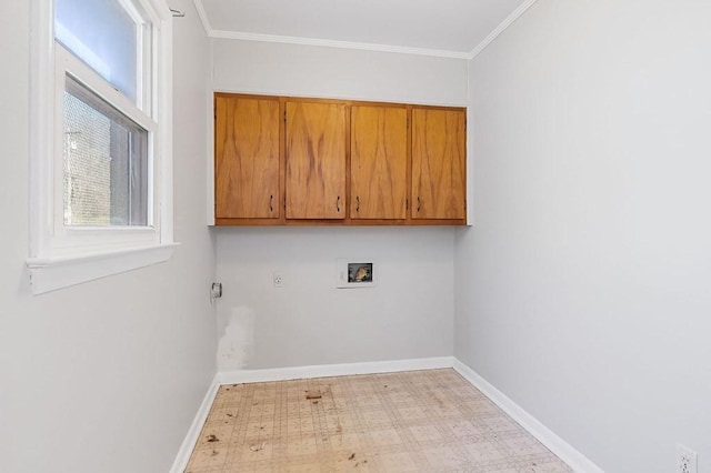 478 S Grundy Quarles Hwy, Gainesboro, TN 38562 - washroom featuring washer hookup, cabinet space, crown molding, baseboards, and light floors