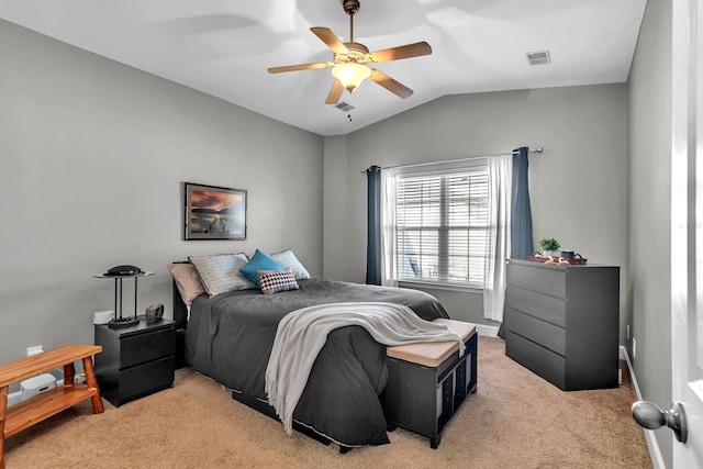 bedroom featuring visible vents, baseboards, ceiling fan, light colored carpet, and lofted ceiling