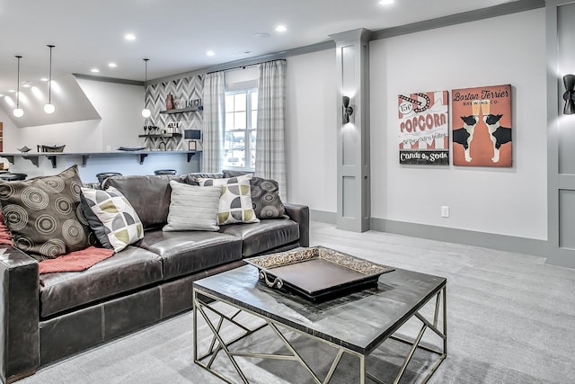 carpeted living room with recessed lighting, baseboards, and ornamental molding