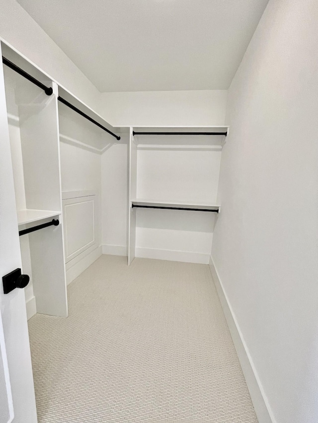 walk in closet with light carpet and a barn door