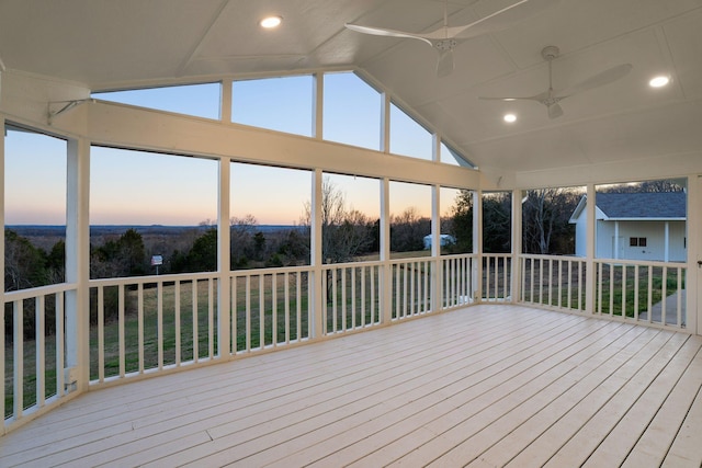 deck at dusk with ceiling fan