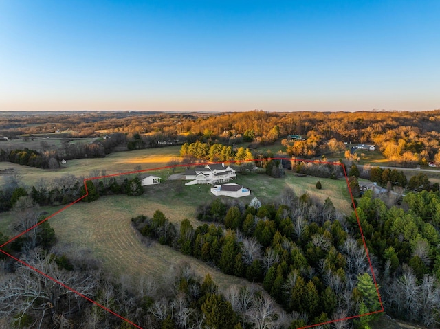 drone / aerial view with a forest view and a rural view