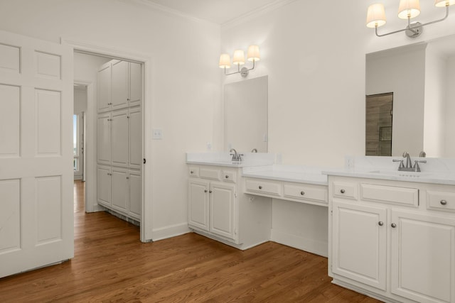 bathroom with a sink, double vanity, wood finished floors, and ornamental molding