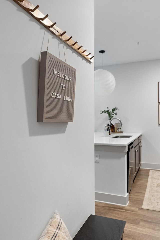 room details featuring a sink, baseboards, dishwasher, and wood finished floors