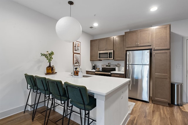 kitchen with wood finished floors, a peninsula, stainless steel appliances, and a sink