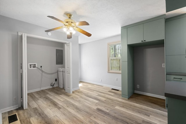 7704 Chester Rd, Fairview, TN 37062 - unfurnished living room featuring ceiling fan, electric panel, light wood-style floors, and a textured ceiling