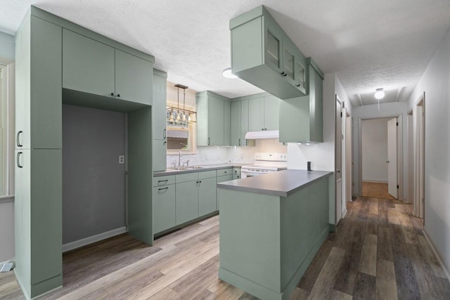 7704 Chester Rd, Fairview, TN 37062 - kitchen featuring green cabinetry, white range with electric stovetop, a peninsula, wood finished floors, and a textured ceiling