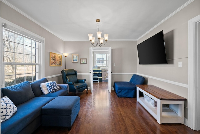 living area featuring ornamental molding, an inviting chandelier, and wood finished floors