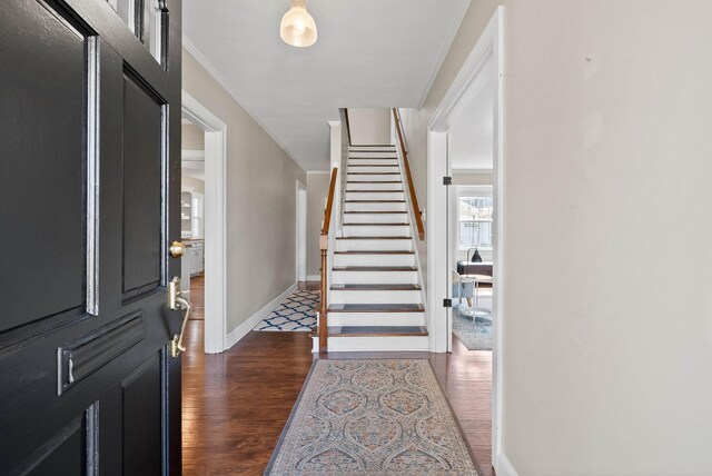 entryway featuring stairs, dark wood-type flooring, baseboards, and ornamental molding