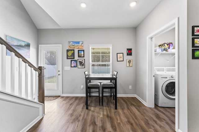 interior space with dark wood finished floors, recessed lighting, washer / clothes dryer, and baseboards