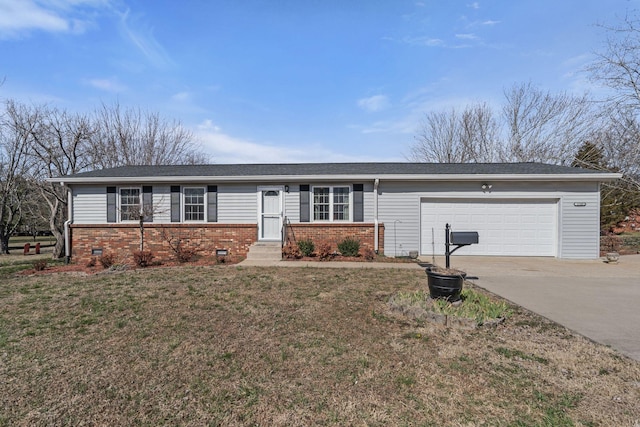 single story home featuring brick siding, an attached garage, concrete driveway, and a front yard