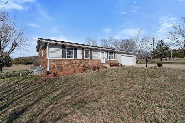 ranch-style house with driveway, a front lawn, a garage, crawl space, and brick siding