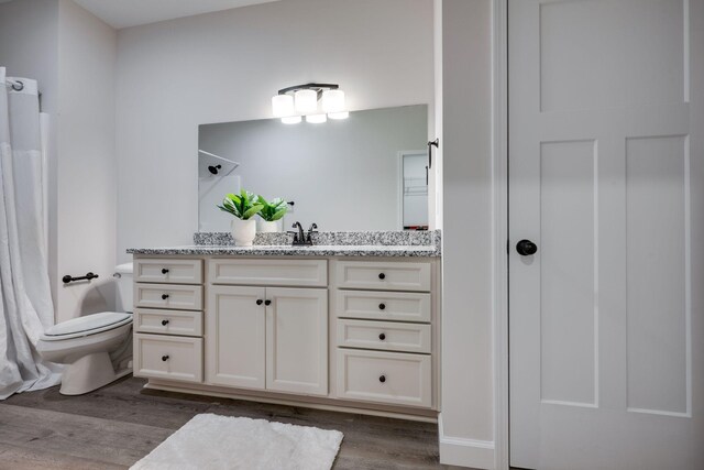 bathroom featuring vanity, toilet, a shower with shower curtain, and wood finished floors