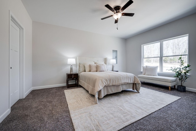 bedroom with baseboards, carpet, and a ceiling fan