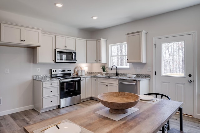 kitchen featuring light wood-type flooring, a sink, white cabinetry, stainless steel appliances, and baseboards