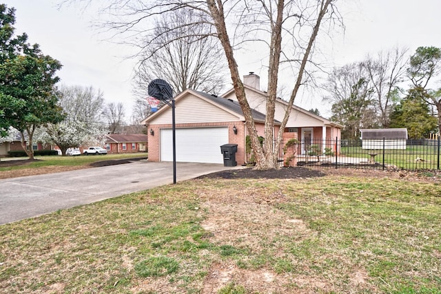 view of front of home featuring fence, concrete driveway, a garage, brick siding, and a chimney