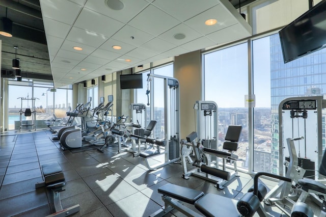 exercise room with a drop ceiling and expansive windows