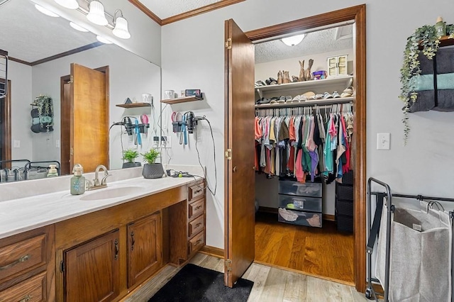 bathroom featuring vanity, crown molding, wood finished floors, and a textured ceiling