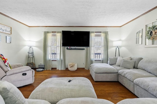 living area with ornamental molding, wood finished floors, and a textured ceiling