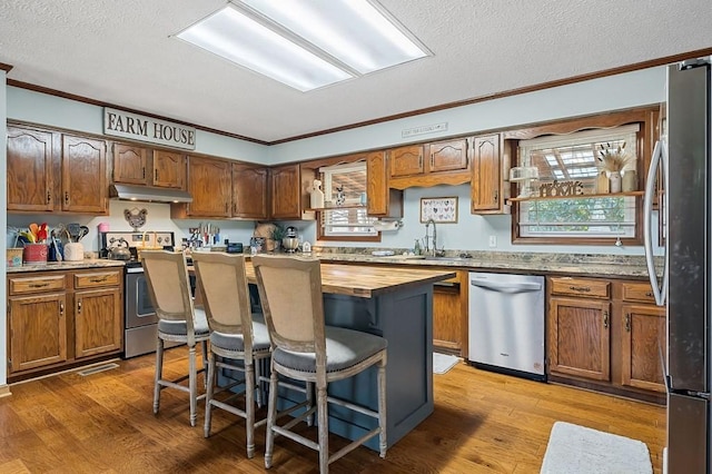 kitchen featuring under cabinet range hood, butcher block counters, appliances with stainless steel finishes, wood finished floors, and a sink