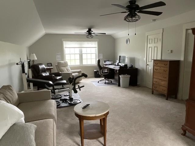 200 Marlin Rd, White House, TN 37188 - living room featuring ceiling fan, carpet, and lofted ceiling